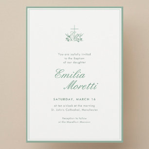 Invitation Croix Vert Sauge Élégant Baptême Initial d'Olive