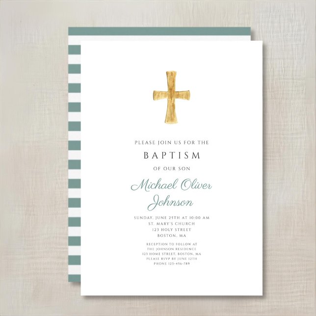 Invitation Croix Verte Moderne Baptême Religieux Garçon (Modern Green Cross Religious Boy Baptism Invitation)