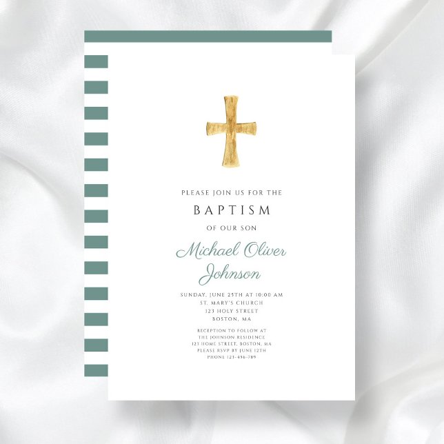 Invitation Croix Verte Moderne Baptême Religieux Garçon (Modern Green Cross Religious Boy Baptism Invitation)