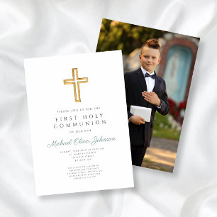 Invitation Croix Verte Photo Boy First Communion