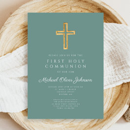 Invitation Croix Verte Religieux Garçon Première Communion