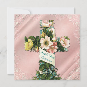 Invitation Croix vintage rose pour première communion