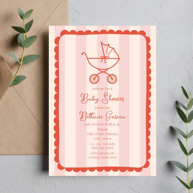 Invitation Croquis de la poussette Baby shower fille rose pal (Créateur téléchargé)