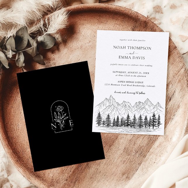 Invitation Croquis de montagne rustique Mariage noir de pin s (Créateur téléchargé)