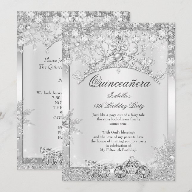 Invitation Croquis en argent Quinceanera 15e Carriage d'hiver (Devant / Derrière)