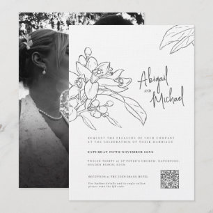 Invitation Croquis en fleurs orange mariage photo mono