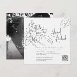 Invitation Croquis en fleurs orange mono carré photo mariage
