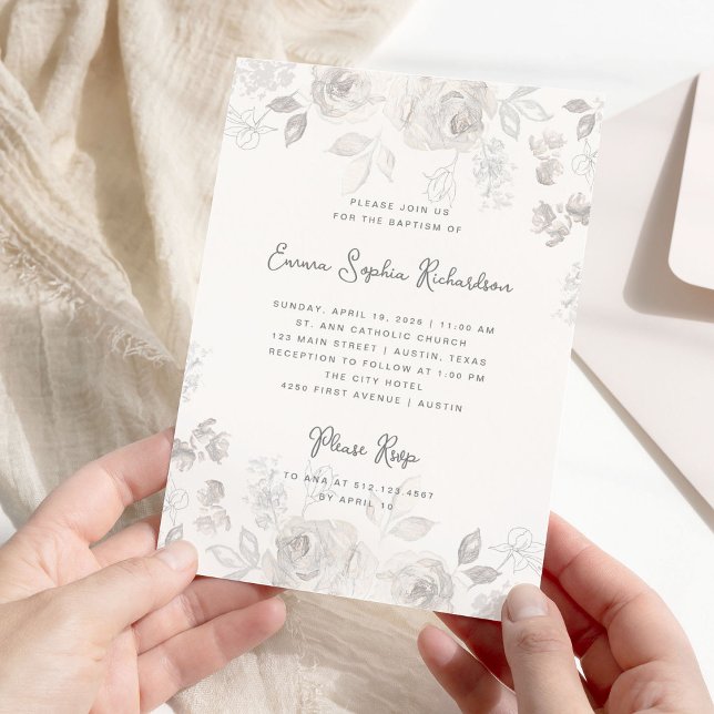 Invitation Croquis floral doux | Baptême élégant (A sweet, neutral Baptism invitation with elegant sketched flowers)