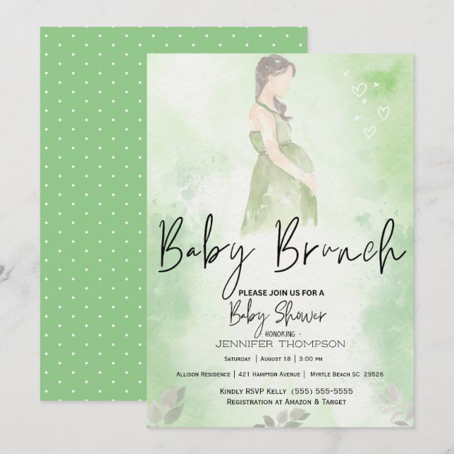 Invitation Croquis Maman Baby shower de Brunch pour bébé vert (Devant / Derrière)