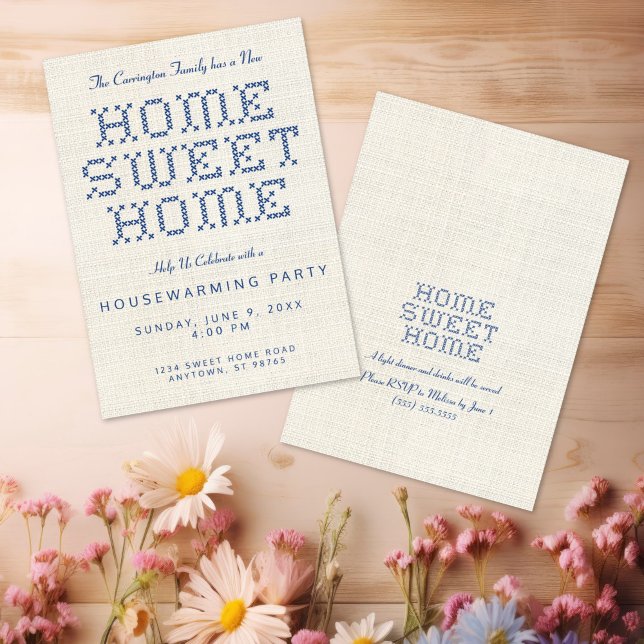 Invitation Cross-Stitch Home Sweet Home Bleu Ménage (Rustic and Charming Faux Cross stitch Home Sweet Home Blue Housewarming Invitation)