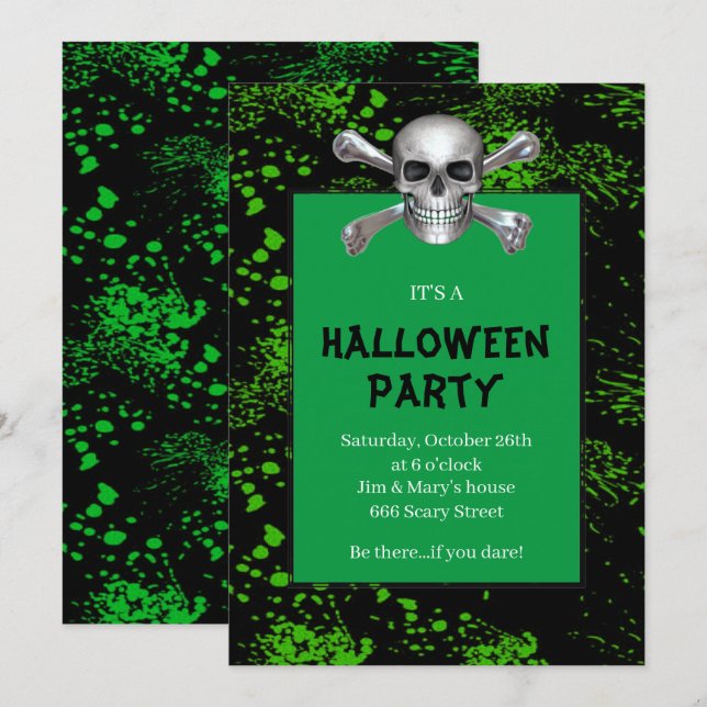 Invitation Crossbones de crâne Green Splatz Halloween Party (Devant / Derrière)
