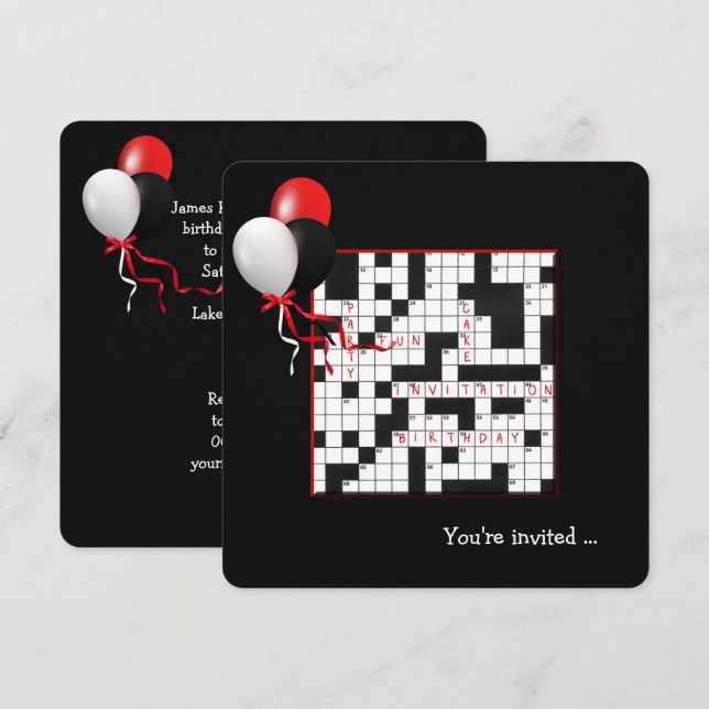 Invitation Crossword Puzzle et ballons fête d'anniversaire (Devant / Derrière)