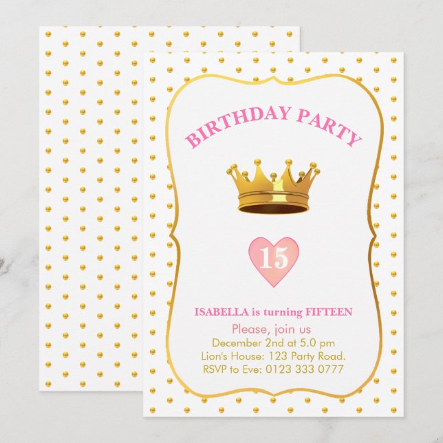 Invitation Crown and Gold Confetti 15e anniversaire (Devant / Derrière)