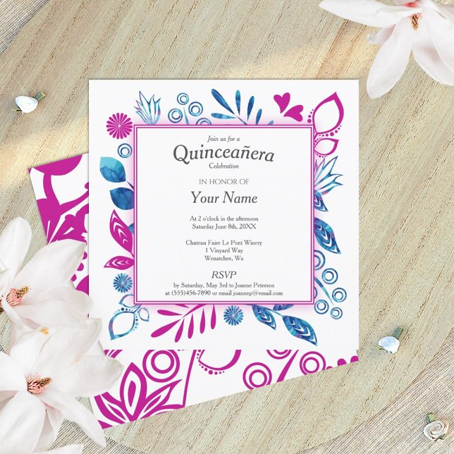 Invitation Crystal Blue et Hot Pink Quinceañera (royal blue, magenta berry pink floral quinceanera invitation)