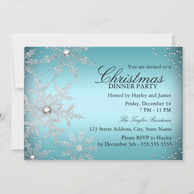 Invitation Crystal Snowflake Dîner de Noël bleu (Devant)