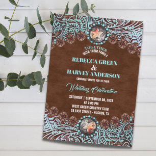Invitation cuir brun turquoise pays mariage de l'ouest