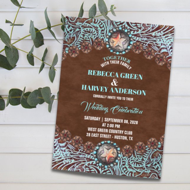 Invitation cuir brun turquoise pays mariage de l'ouest (turquoise brown leather country western wedding invitation)