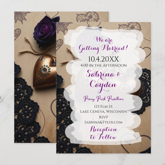 Invitation Cuir, dentelle et Rose Mariage gothique Steampunk (Devant / Derrière)