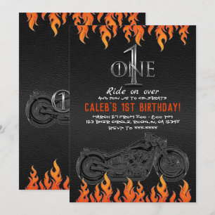Invitation Cuir & Flammes Orange Moto 1 1er Anniversaire