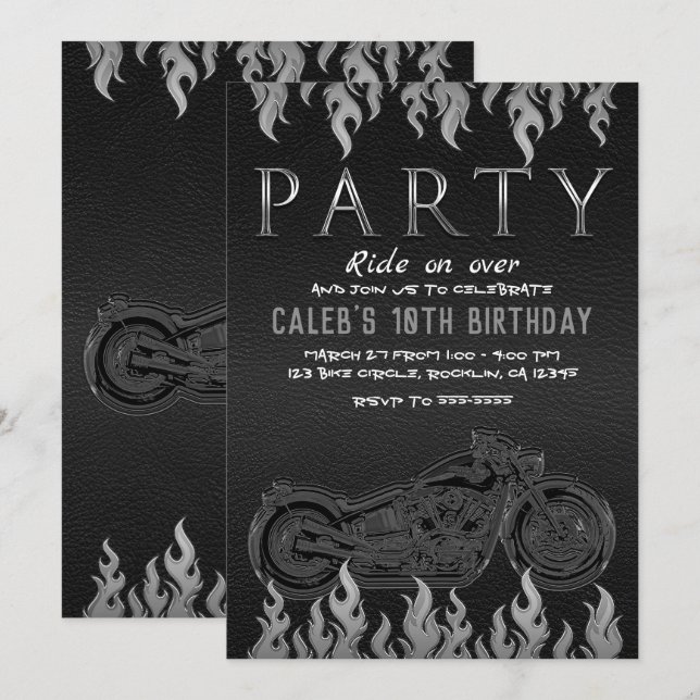 Invitation Cuir noir chrome argenté moto motard fête (Devant / Derrière)