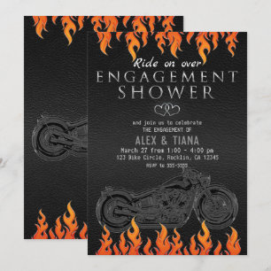 Invitation Cuir noir flammes orange engagement moto