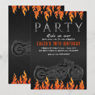 Invitation Cuir noir flammes orange moto parti de motards