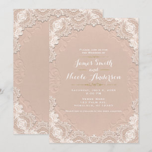 Invitation Cuir Suédé Crème Mariage Occidental Dentelle Vinta