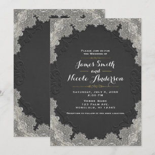 Invitation Cuir suédé noir mariage occidental en dentelle vin