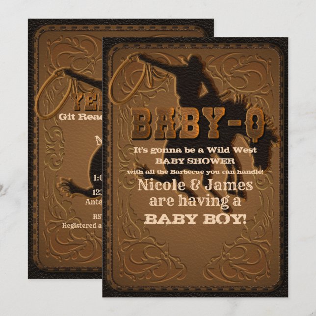 Invitation Cuir Western Wild West Bébé-Q Fête Prénatale BBQ (Devant / Derrière)