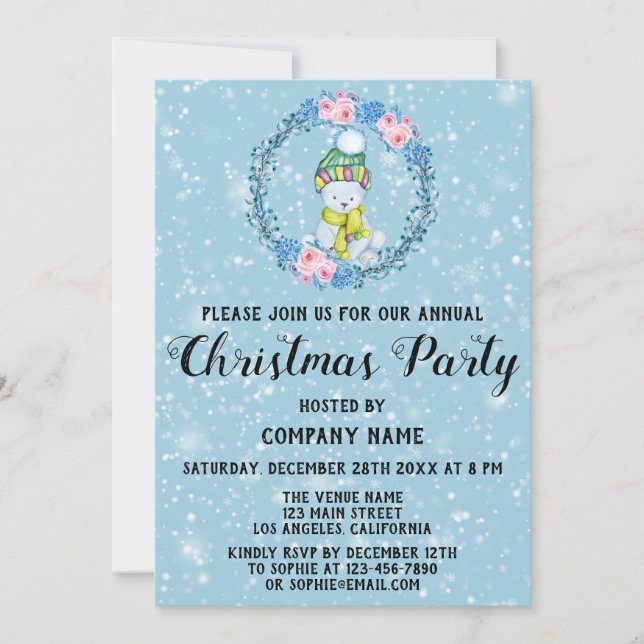 Invitation Cuire Ours Wreath Company Fête de Noël Neige Bleue (Devant)
