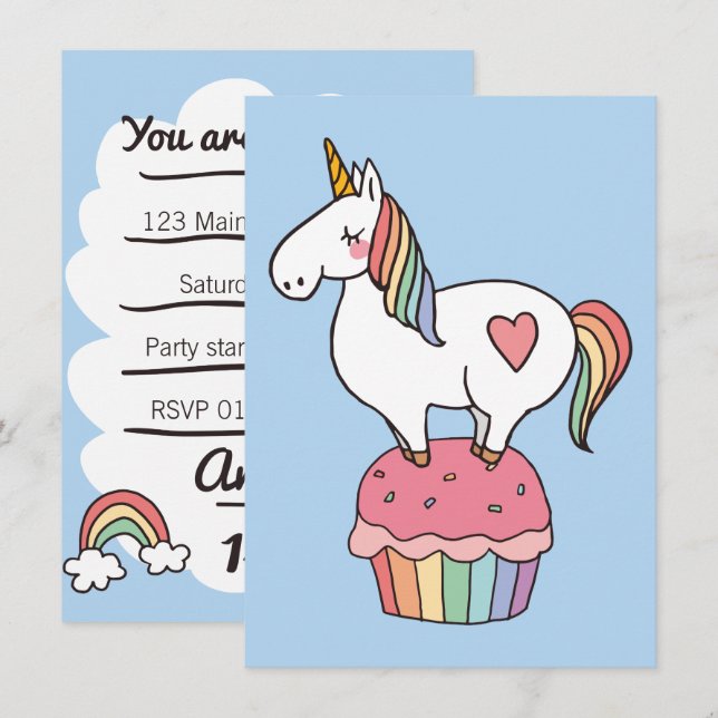 Invitation Cuisine arc-en-ciel Unicorn sur Cupcake d'annivers (Devant / Derrière)