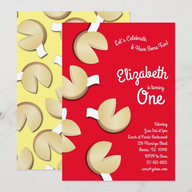 Invitation Cuisine Fortune Cookies 1er anniversaire pour les  (Devant / Derrière)