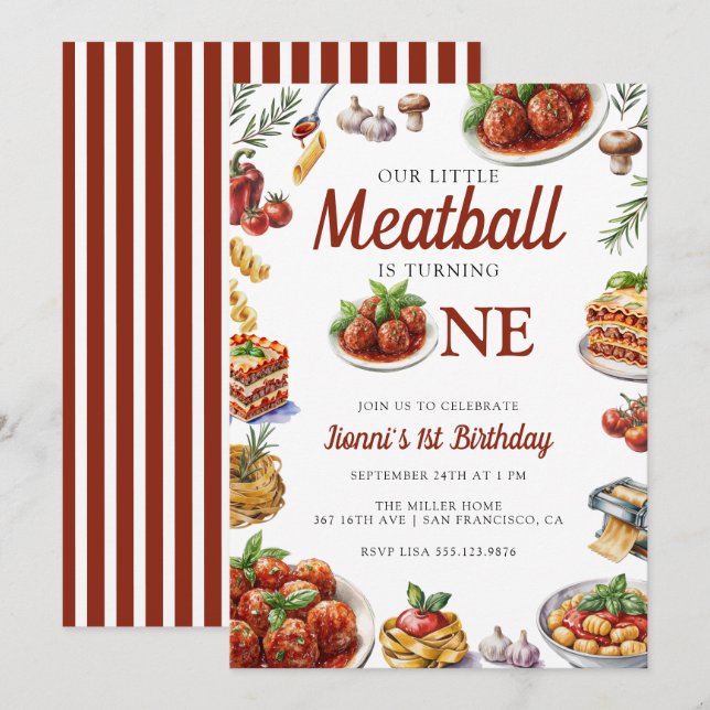 Invitation Cuisine italienne | Aquarelle 1er anniversaire (Devant / Derrière)
