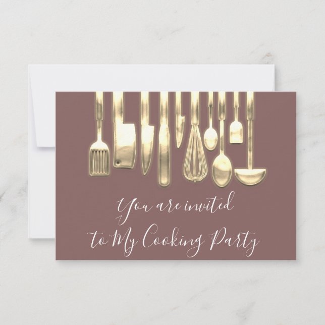 Invitation Cuisine Party Chef Golden Cuisine Rose Or (Devant)