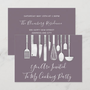 Invitation Cuisinier de fête Cuisine Chef Blanc Gris Violet P