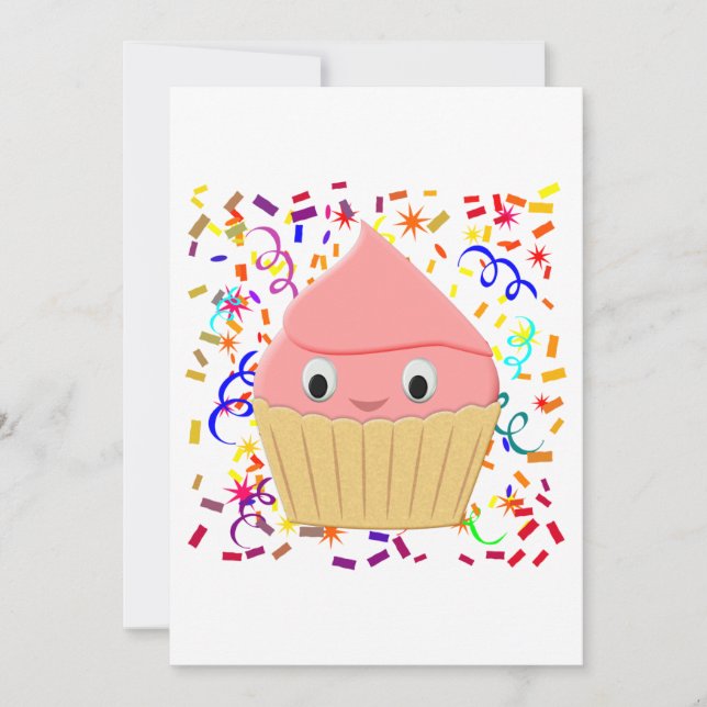 Invitation Cuite Cartoon Cupcake Aux Fraises Avec Confetti (Devant)