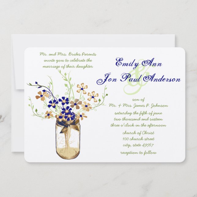 Invitation Cuivre de marine et fleurs sauvages de mason vert  (Devant)