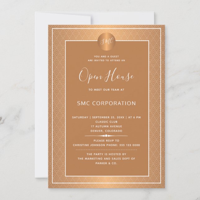 Invitation Cuivre Métallique Entreprise Monogramme Open House (Devant)