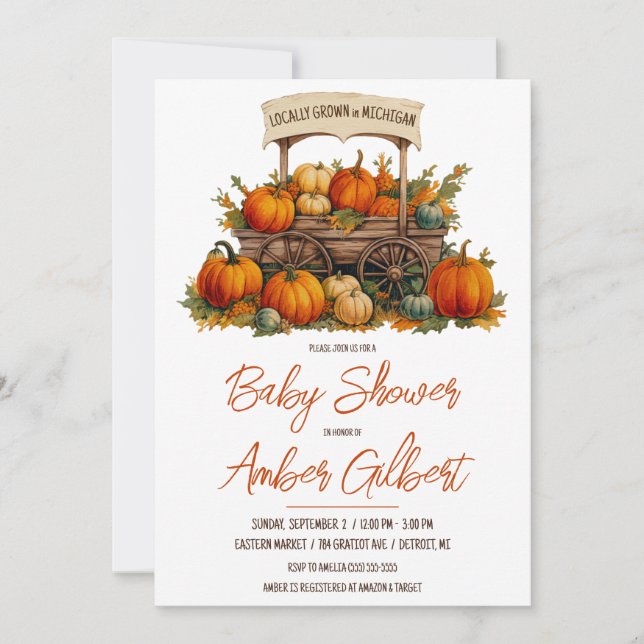 Invitation Cultivé localement, Baby shower Citrouille des fer (Devant)