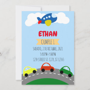INVITATION CUMPLEANOS DE NINO TRANSPORTS, CARRITOS