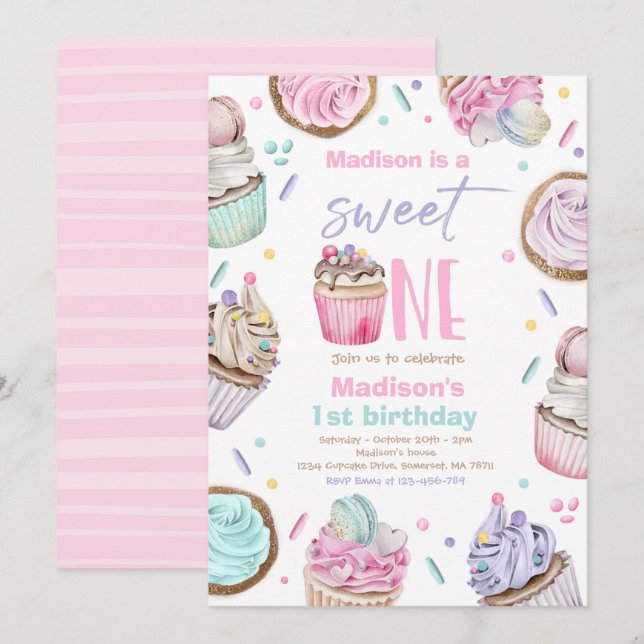 Invitation Cupcake 1er Anniversaire Fête Sweet One Candy Part (Devant / Derrière)