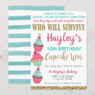Invitation Cupcake Challenge Baking Pink & Mint Anniversaire