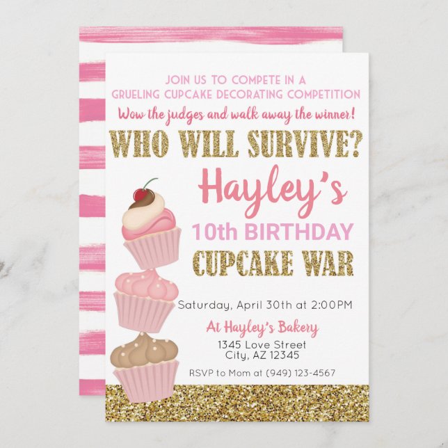 Invitation Cupcake Challenge Baking Rose & Gold Anniversaire (Devant / Derrière)