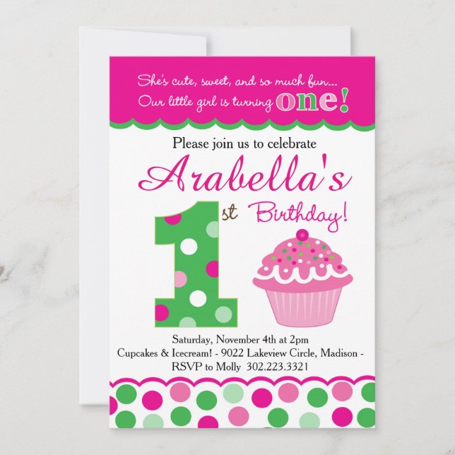 Invitation Cupcake Cutie Pie (rose et vert) Premier anniversa (Devant)
