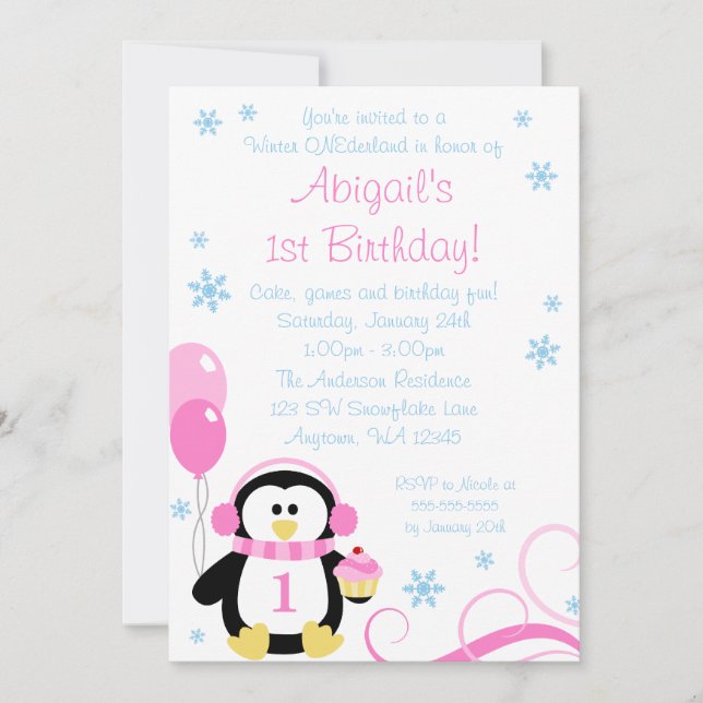 Invitation Cupcake de pingouin tourbillonnettes hiver Onederl (Devant)