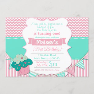 Invitation Cupcake noir et blanc pour filles roses et blanche