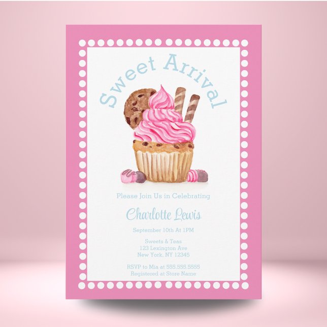 Invitation Cupcake Rose Aquarelle Au Baby shower Chocolé (Créateur téléchargé)