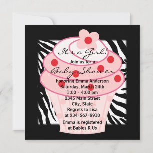 Invitation Cupcake rose Baby shower Zèbre rose