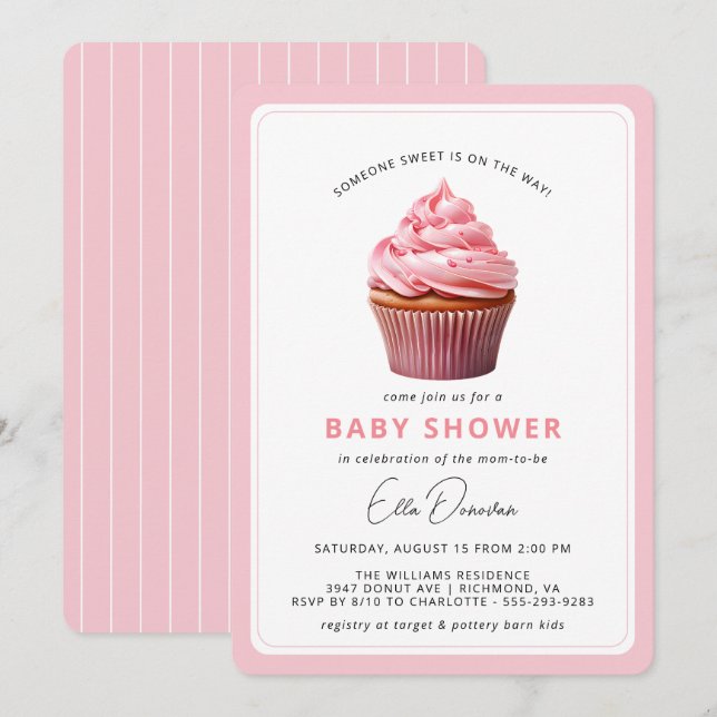 Invitation Cupcake rose Cute Pastel Dessert Baby shower fille (Devant / Derrière)