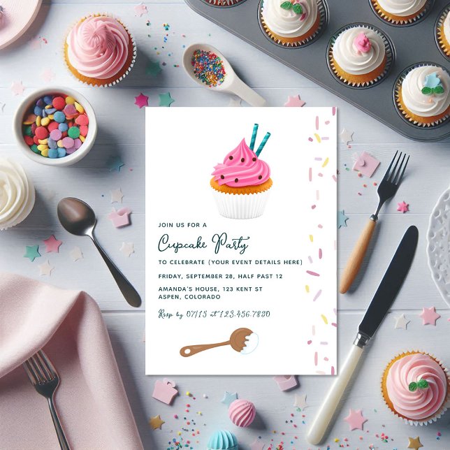 Invitation Cupcake rose et arroser photo de fête d'anniversai (Pink Cupcake and Sprinkles Birthday Party Photo Invitation)